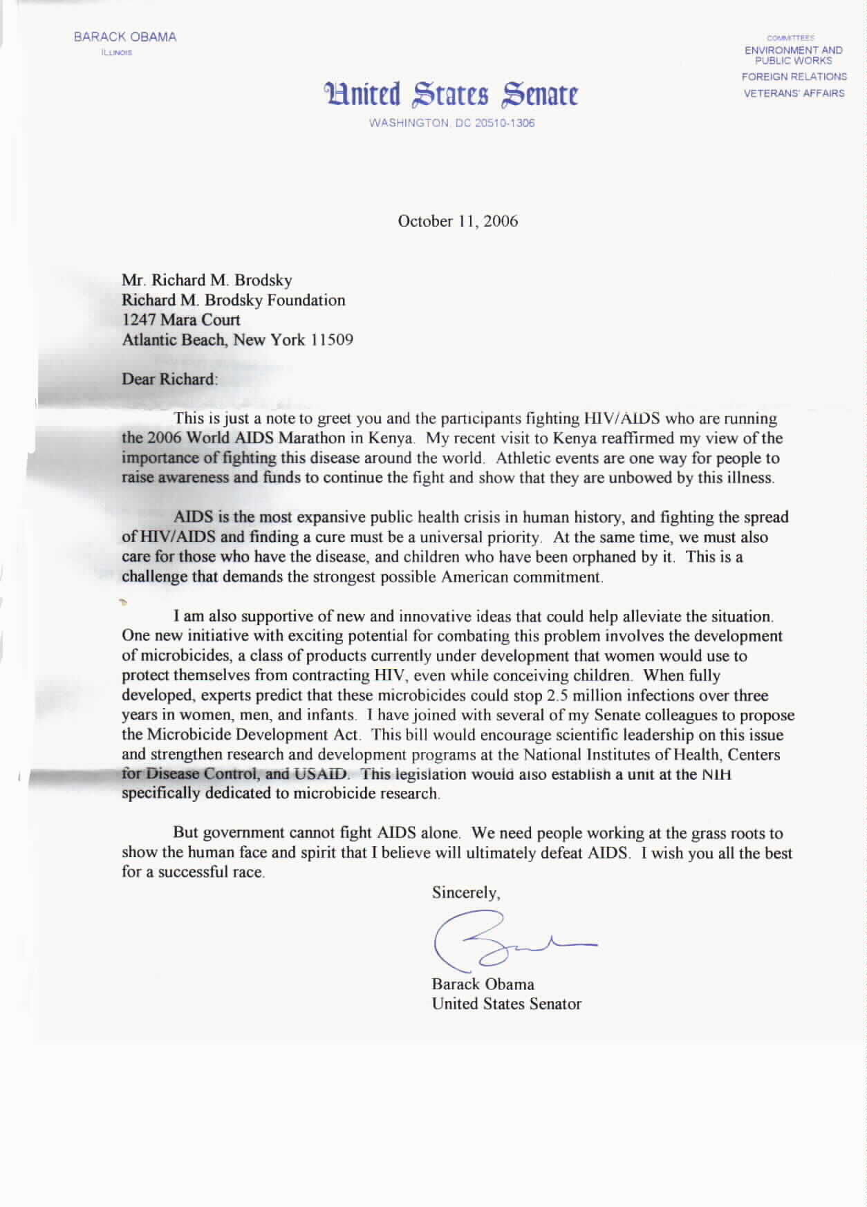 2006 Letter of Support From Barack Obama